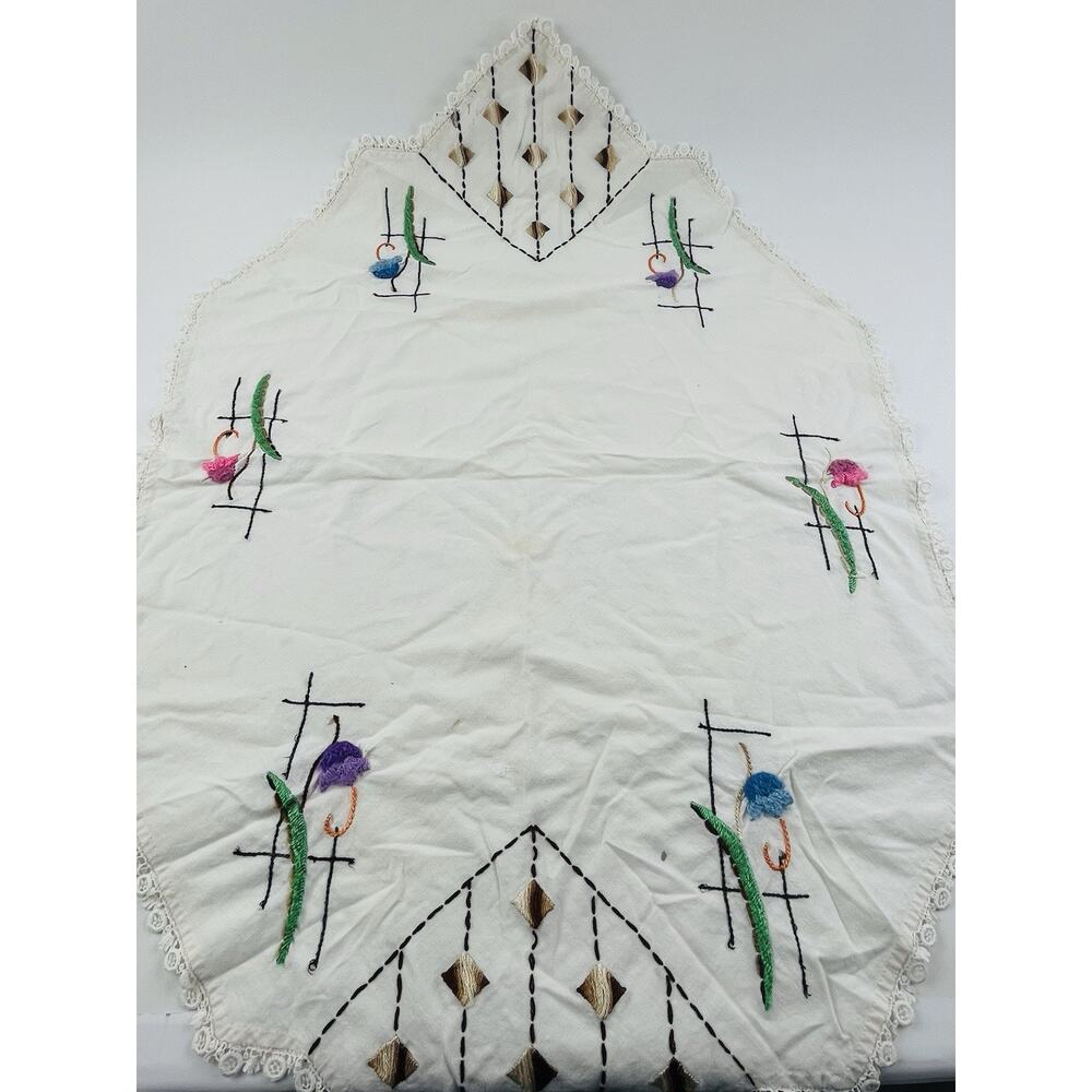 Vintage Hand Embroidered Table Runner Floral Dresser Scarf Lace Edge Purple Brow